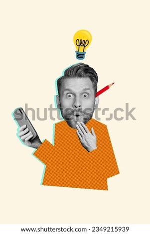 Vertical collage picture of black white colors impressed big head guy hold smart phone pouted lips pencil behind ear light bulb above head