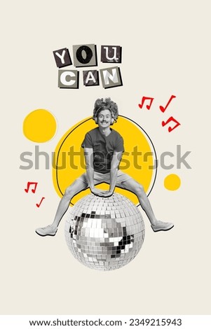Vertical collage of cheerful black white colors guy listen music earphones jump above huge disco ball painted notes you can motivation