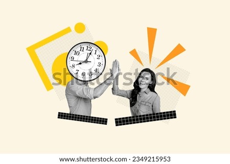 Creative collage picture of black white colors girl give high five guy watch clock instead head isolated on beige background