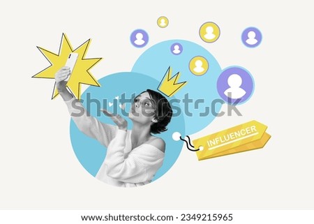 Artwork collage of black white colors influencer girl painted crown send air kiss love record video subscribers isolated on drawing background