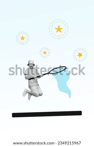 Vertical collage picture of overjoyed black white colors guy jumping hold fish net catch review rate stars isolated on creative background