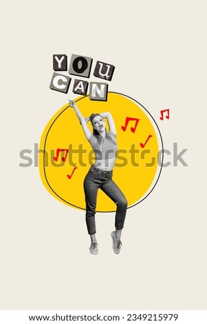 Vertical collage image of excited cheerful black white effect girl enjoy dancing drawing music notes you can motivational text poster