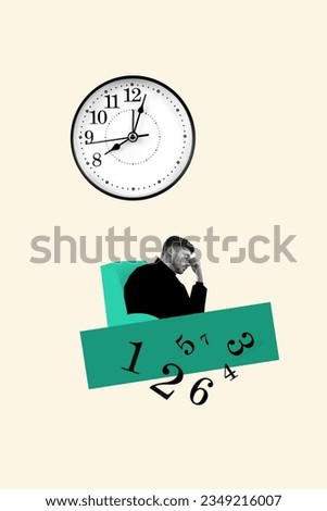 Vertical collage image of black white effect tired unsatisfied guy suffer head ache falling numbers big wall watch isolated on beige background