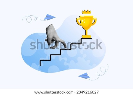 Creative collage picture of black white colors arm fingers walk climb stairs upwards champion trophy cup isolated on drawing background