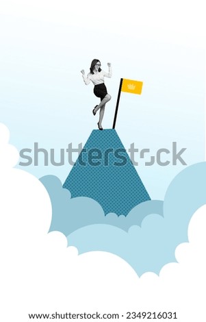 Vertical collage picture of black white colors delighted excited elegant girl climb mountain top clouds reach target flag raise fists