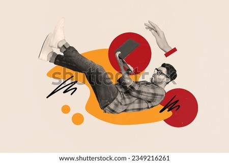 Composite photo collage of astonished excited man look at laptop impressed by fast internet speed isolated on creative drawing background
