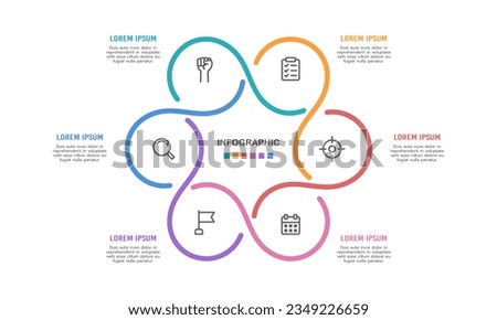Workflow lines infographic. The pie chart is divided into 6 parts. Vector illustration. Royalty-Free Stock Photo #2349226659