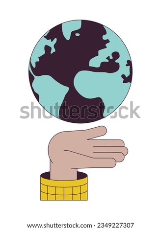 Planet on hand flat line color isolated vector object. Editable clip art image on white background. Simple outline cartoon spot illustration for web design