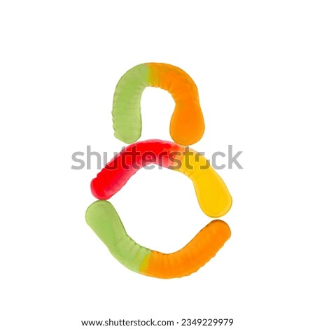 Number 8 made of gummi worms and isolated on pure white background. Food numeral concept. One number of the set of sweet food font easy to stacking