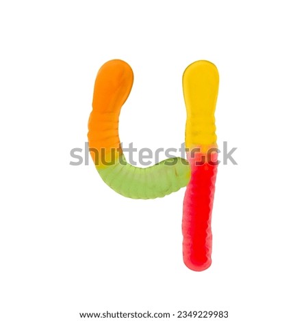 Number 4 made of gummi worms and isolated on pure white background. Food numeral concept. One number of the set of sweet food font easy to stacking