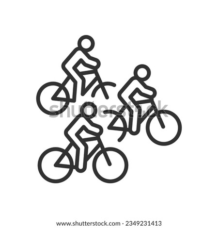 Many people riding bicycles, linear icon. Collective bicycle ride. Bicycle races. Line with editable stroke