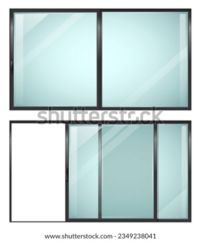 Modern sliding metal black door or window. Vector with transparent glass Royalty-Free Stock Photo #2349238041