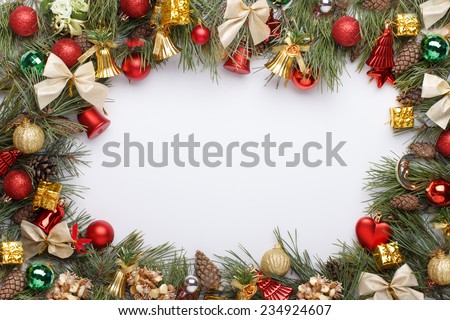 Christmas frame with Christmas ornaments and decorations