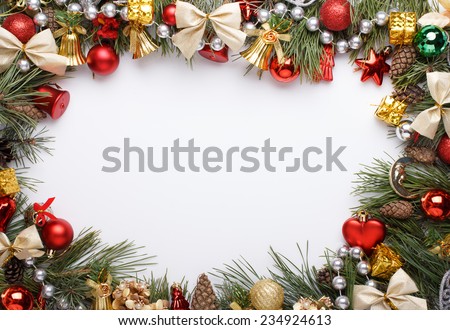 Christmas frame with Christmas ornaments and decorations