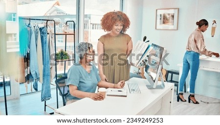 Planning, teamwork or women with drawing for fashion design sketch draft on paper for clothing line. Manager, internship or designer speaking or talking to mature mentor for creative advice or tips