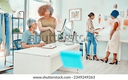 Planning, teamwork or people with drawing for fashion design sketch draft on paper for clothing line. Manager, internship or designer speaking or talking to mature mentor for creative advice or tips