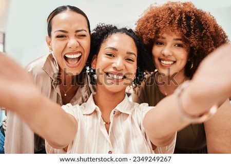 Selfie, office or portrait of friends taking a photograph together for teamwork on workplace break. Fashion designers, smile or excited group of happy people in a picture for a social media memory