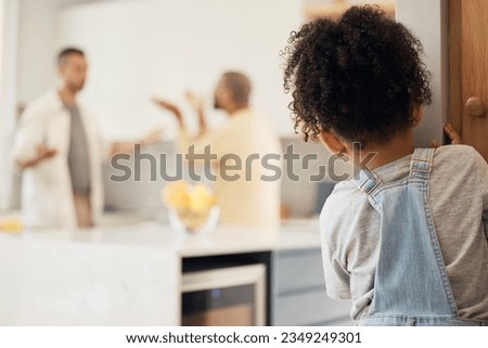 Lgbt, divorce and girl child watching gay parents argue in kitchen with stress, worry or fear in their home. Family, crisis and homosexual men dispute foster kid custody, affair or conflict in house Royalty-Free Stock Photo #2349249301