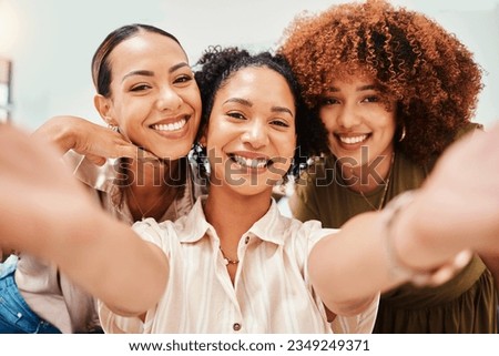 Selfie, office or portrait of women taking a photograph together for teamwork on workplace break. Fashion designers, smile or excited group of happy friends in a picture for a social media memory