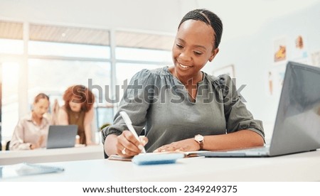 Business woman, writing and planning in notebook of marketing ideas, copywriting or project goals at desk. Professional worker, african writer or editor with creative notes, brainstorming or reminder
