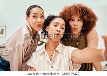 Selfie, office or funny friends taking a photograph together for teamwork on workplace break. Fashion designers, crazy faces or excited group of happy people in a picture for a social media memory