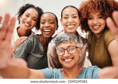 Selfie, office or portrait of women taking a picture together for teamwork on workplace break. Fashion designers, faces or excited group of happy employees in a photograph for a social media memory