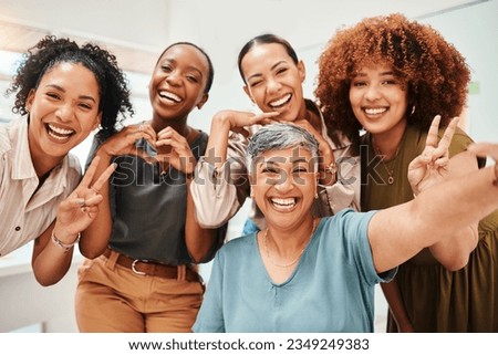 Selfie, office or funny women taking a photograph together for teamwork on workplace break. Fashion designers, portrait or excited group of happy people laughing in picture for a social media memory