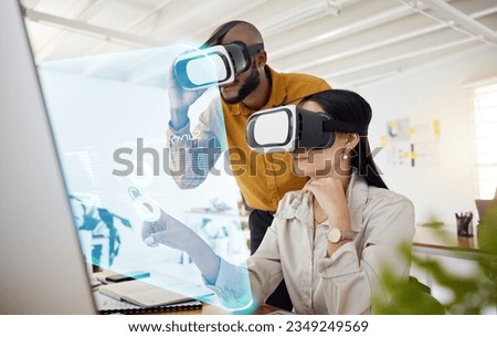 Business people, hologram and virtual reality, future technology and analysis with collaboration and overlay. Press on screen, metaverse and corporate team, VR goggles and analytics with statistics