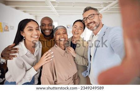 Portrait, selfie and group of business people smile in office for support, team building and trust. Diversity, happy employees and friends in profile picture about us on social media for startup blog