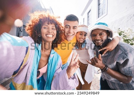 Friends, selfie and city with peace sign, gen z and smile of university students for social media. Profile picture, portrait and diversity of young people on a urban street happy with trendy fashion
