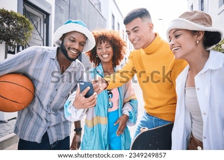 Gen z friends, phone and street with laugh, meme and streaming on social network, blog and happy in city. Student group, men and women with smartphone, comic video or point on web in Los Angeles cbd