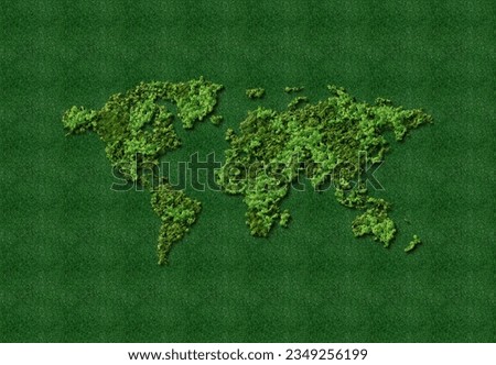 Green World Map-  tree or forest shape of world map isolated on white background. World Map Green- Earth day or environment day Concept. World map made up of various detailed trees on solid white.