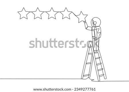 Single one line drawing astronaut climbs a ladder carry 1 star, making it 5 stars in a row. Give very good recommendation to the seller. Cosmic deep space. Continuous line design graphic illustration
