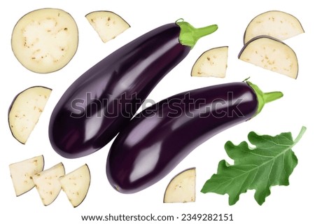 Eggplant or aubergine isolated on white background with full depth of field. Top view. Flat lay. Royalty-Free Stock Photo #2349282151