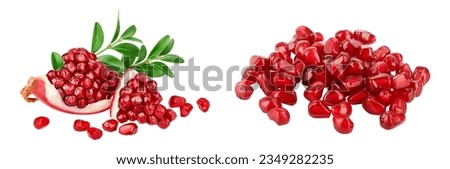 Pomegranate piece with leaf isolated on white background with full depth of field. Royalty-Free Stock Photo #2349282235