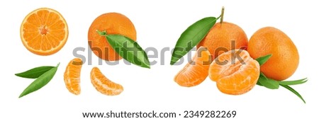 Tangerine or clementine with green leaf isolated on white background with full depth of field. Top view. Flat lay Royalty-Free Stock Photo #2349282269