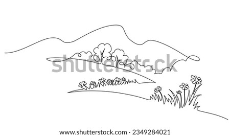 Landscape with flowers trees and mountains. Single one line drawing concept. Continuous line draw design graphic vector illustration. Royalty-Free Stock Photo #2349284021