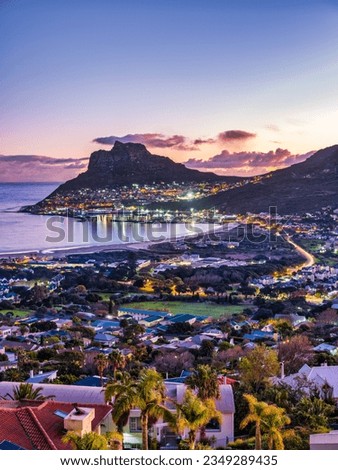 Long exposure vertical shot of hout bay town, harbour and the fishermen town at dusk, Cape Town, South Africa Royalty-Free Stock Photo #2349289435