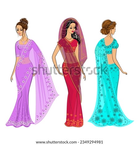 Collection. Silhouette of lovely ladies. The girls are dressed in saris, traditional Indian national clothes. Women are young and beautiful. Set of vector illustrations.