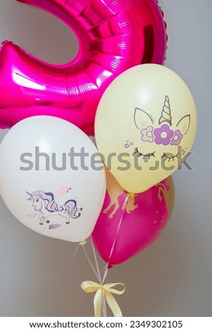 pink number 5 helium balloon, unicorn pattern balloons