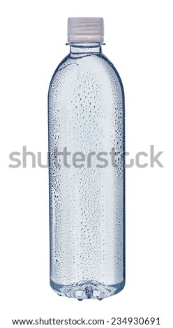 Bottle of water with drops isolated on white background