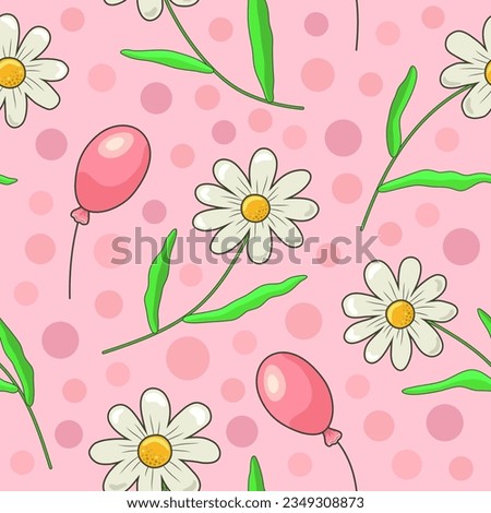 Chamomile flowers with white petals and a yellow core, stems and petals and pink balloons on a light pink background with pink highlights. Seamless pattern. Print on fabric. Label. Vector illustration