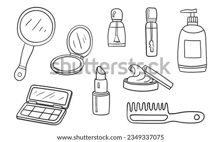 Cosmetic supplies element set of hand drawn outline vector illustrations. Lipstick, hand mirror, cosmetic case, lotion bottle, cream jar, hair comb, tube with a brush, powder case