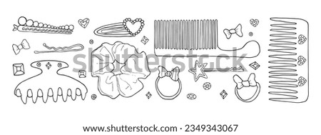 vector hair accessories line drawing set, hair saloon doodle, beauty bow and elastic for girl hairstyle Royalty-Free Stock Photo #2349343067