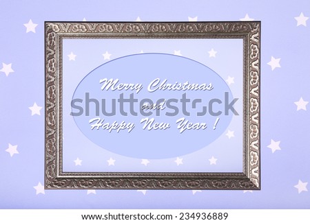Christmas greeting card with frame on purple background