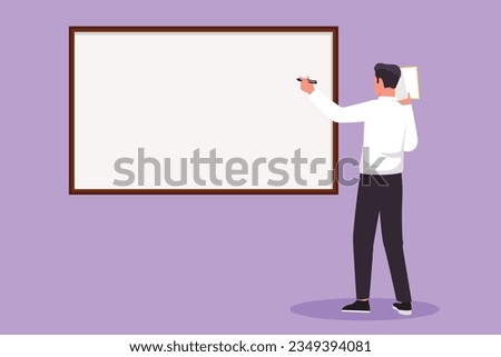 Cartoon flat style drawing smart business school professor teaching, explaining and writing formula on chalkboard. Successful business man teacher standing at class. Graphic design vector illustration
