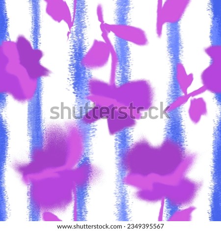 Abstract Hand Drawing Blurred Soft Flowers and Leaves Seamless Pattern with Vertical Stripes Lines Geometric Isolated Background