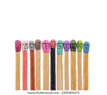matchsticks various colors with various faces on white background Royalty-Free Stock Photo #2349404275