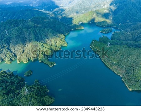 Aerial photography of large reservoirs in the mountains