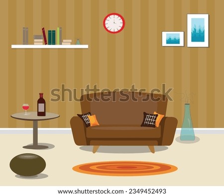 Vector illustration, home interior design with sofa, tv, picture clock and lamps.